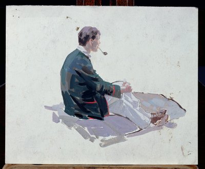 Hombre sentado sobre rocas fumando una pipa de Harry Watson